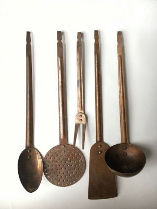 Vintage 5 Piece Set Of Copper Kitchen Utensils With Hooks - From Portugal
