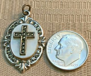 Vtg Sterling Silver Oval Medal W/ Marcasite In Cross Sitting On Mop Signed 4.  7 G