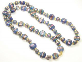 Vintage Venetian Murano Blue Purple Gold Foil Art Glass Bead Necklace 26 "