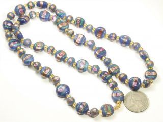Vintage Venetian Murano Blue Purple Gold Foil Art Glass Bead Necklace 26 