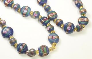 Vintage Venetian Murano Blue Purple Gold Foil Art Glass Bead Necklace 26 