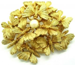 Vintage Signed Capri Butterfly Art Brooch Pin Pearl ? Gold Tone
