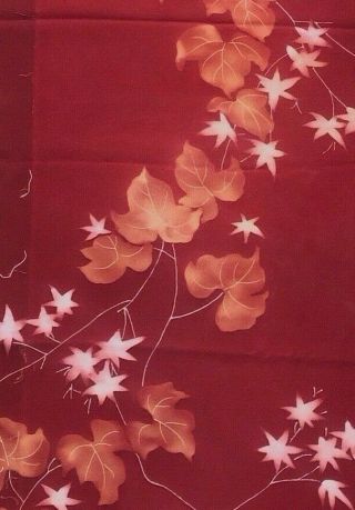 Vintage Silk Japanese Kimono Fabric Dark Autumn Red Maple Leaf Resistance Dyed