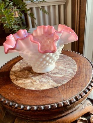 Vintage Fenton Pink And White Milk Glass Hobnail Candy Dish