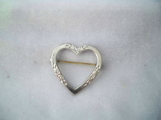 Vintage Etched Floral Design Sterling Silver Heart Brooch Pin