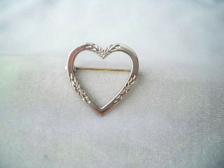 Vintage Etched Floral Design Sterling Silver Heart Brooch Pin 2
