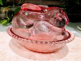Vintage Pink Easter Bunny Rabbit On A Nest Glass Candy Dish With Lid