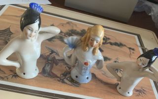 3 Vintage Porcelain Half Doll Pin Cushion Dolls 1 Marked Japan/ 2 Marked Germany
