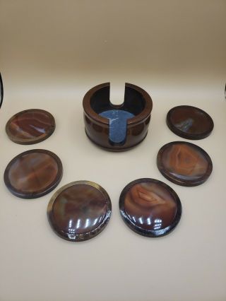 Vintage Brazil Wood And Brown Agate Geode Stone Coaster Set Of 6 With Holder 2