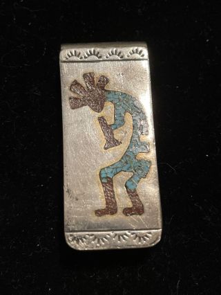 Vintage Navajo Signed B Sterling Silver Turquoise Coral Inlay Money Clip