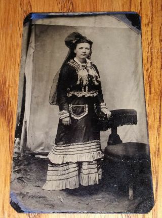 Vintage Tintype Photo Lady In Dress Gypsy Woman Early Pretty