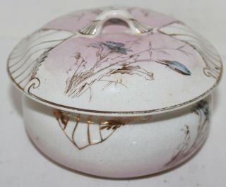 Vintage Porcelain Round Dresser Box With Lid - Pink W/blue Flowers - Victorian