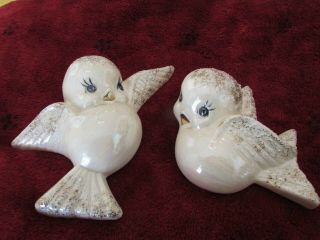 Vintage White And Gold Ceramic Birds Wall Hanging Mounted,  Set Of 2