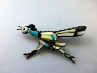 Vtg Sterling Silver Turquoise Mother Of Pearl Onyx Inlay Roadrunner Brooch Pin