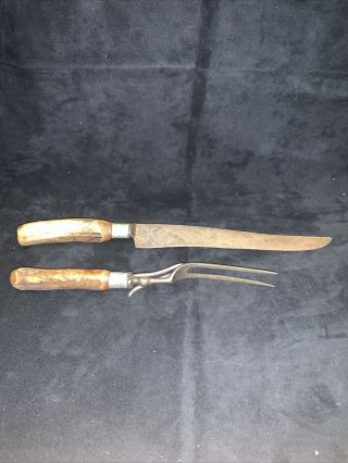 Vintage Antique 10,  “ Antler Stag Handle Meat Roast Carving Fork & Knife