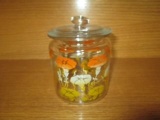 Vintage Glass Jar With Lid Orange Yellow & White Floral Flower Design Canister