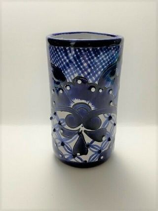 Vintage Mexican Talavera Pottery Water Glass Cobalt Blue And White Pattern Euc