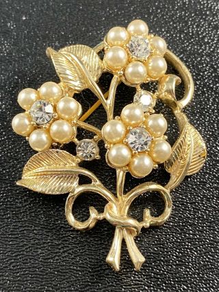 Coro Signed Vintage Brooch Pin 3” Faux Pearl Flowers Crystal Rhinestones Lot2