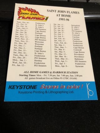 1995 - 96 Saint John Flames Hockey Pocket Schedule Keystone Card Version