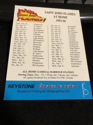 1995 - 96 Saint John Flames Hockey Pocket Schedule Keystone Card Version 2