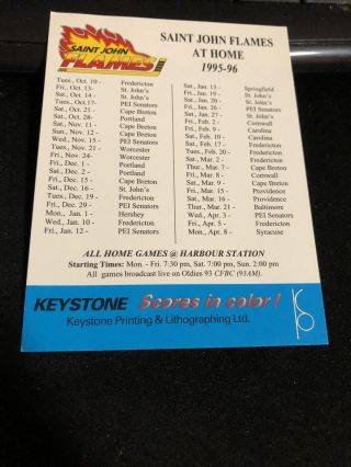 1995 - 96 Saint John Flames Hockey Pocket Schedule Keystone Card Version 3