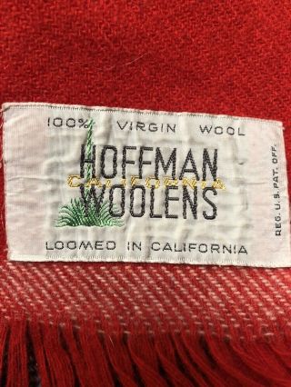 VINTAGE HOFFMAN WOOLENS BLUE RED GREEN 100 WOOL FRINGED BLANKET 2