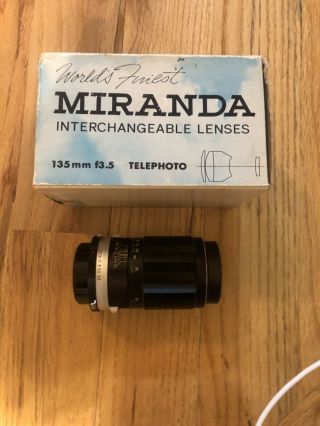 Vintage Miranda Camera Lens 135mm F/3.  5 Telephoto 2 Caps.