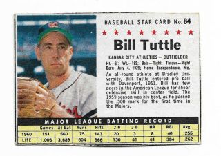 Vintage 1961 Post Cereal Baseball Card Bill Tuttle 84 Kansas City Athletics A 