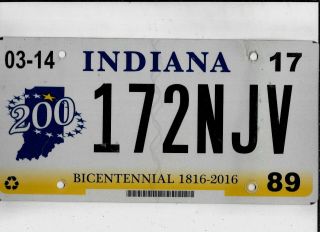 Indiana Passenger 2017 License Plate " 172 Njv " Wayne Bicentennial