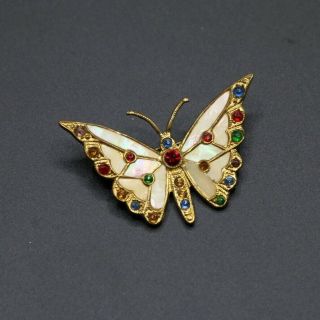 Vintage C 1930s Mother Of Pearl And Rhinestone Butterfly Brooch Czech (?)