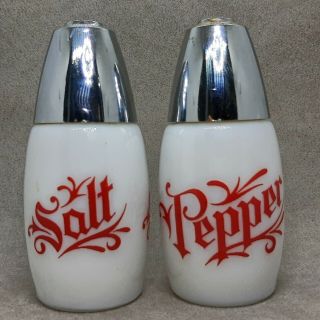 Vintage Set Red & White Milk Glass Salt Pepper Shakers W/ Silver Chrome Tops