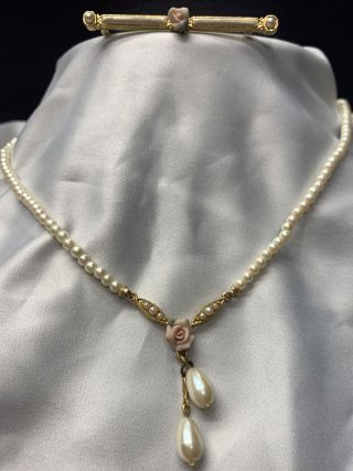 Vintage 1928 Fashion Pearl Necklace And Pin Designer 2pc J22