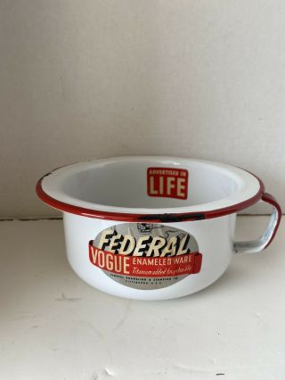 Vintage Federal Vogue Enameled Ware Pot Bowl Basin Red White Handle