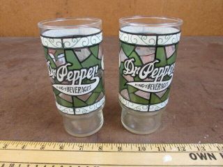 2 Vintage Dr Pepper King Of Beverages Stained Glass Pattern Drinking Glass Green