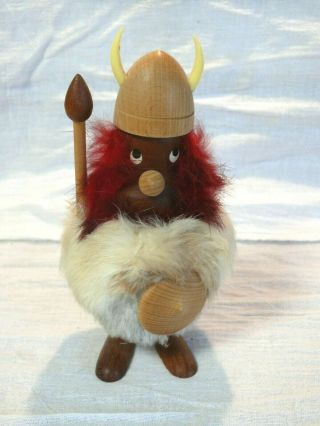 Vintage Mcm Danish Modern Viking Figurine Teak Wood & Fur Scandinavian