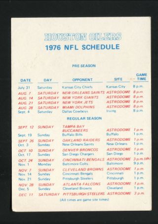 Houston Oilers - - 1976 Pocket Schedule - - Ac Delco
