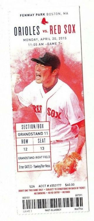 2015 Boston Red Sox Vs Baltimore Orioles 4/20 Ticket Stub Koji Uehara