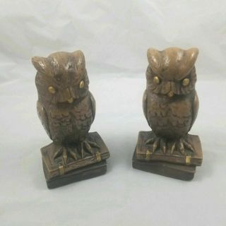 Pair Vintage Ceramic Owl Figures Bookends Heavy Brown 2
