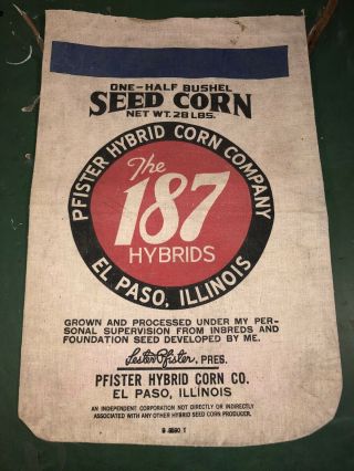 Vintage Seed Corn Bag Sack Pfister Hybrids 187 El Paso Il Illinois Burlap Paper