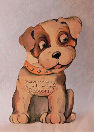 Vintage 1920s Mechanical Valentine Dog Turns His Head - 4 - 1/2 X 5 - 3/4 Inches