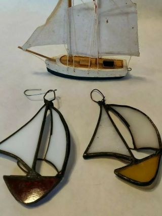 Three Vintage Sailboat Christmas Ornaments,  2 Stained Glass &1 Wood,  Suncatchers