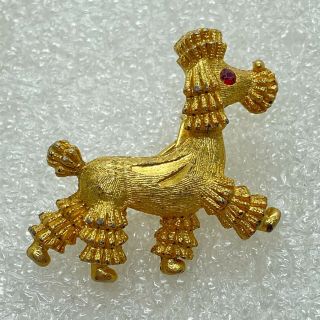 Vintage Poodle Dog Brooch Pin Puppy Rhinestone Eye Gold Tone Costume Jewelry