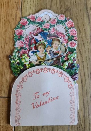 Vintage Valentine Card,  Pull Out,  Honeycomb,  Die - Cut,  Floral,  Girls,  Germany 2
