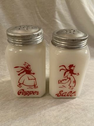 Vintage 1930’s Milk Glass Red Dutch Salt And Pepper Shakers