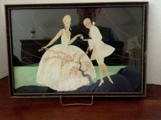 Vtg Art Deco Hand Painted Print Stylized Couple Dancing