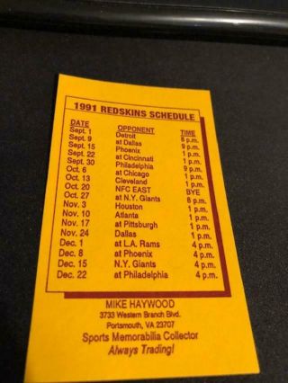 1991 Washington Redskins Football Pocket Schedule Vintage Collector Version