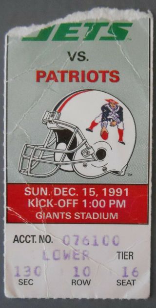 Jets Ticket Stub Vs.  England Patriots Dec 15,  1991