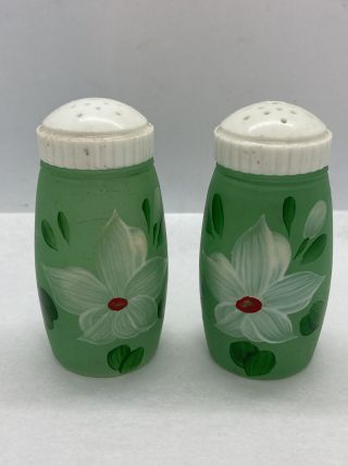 Vintage Satin Green Glass Hand Painted Flower Design Salt & Pepper Shakers 3 - 3/8