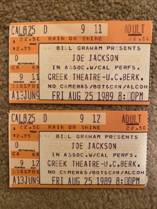 (2) Joe Jackson Tickets Stubs August 25,  1989 Uc Berkeley