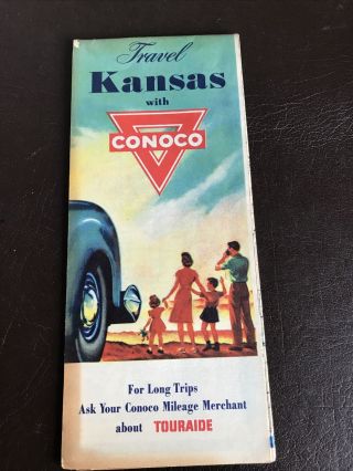 Conoco Oil Gas Folding Road Map Kansas Vintage 1940’s Travel Touraide